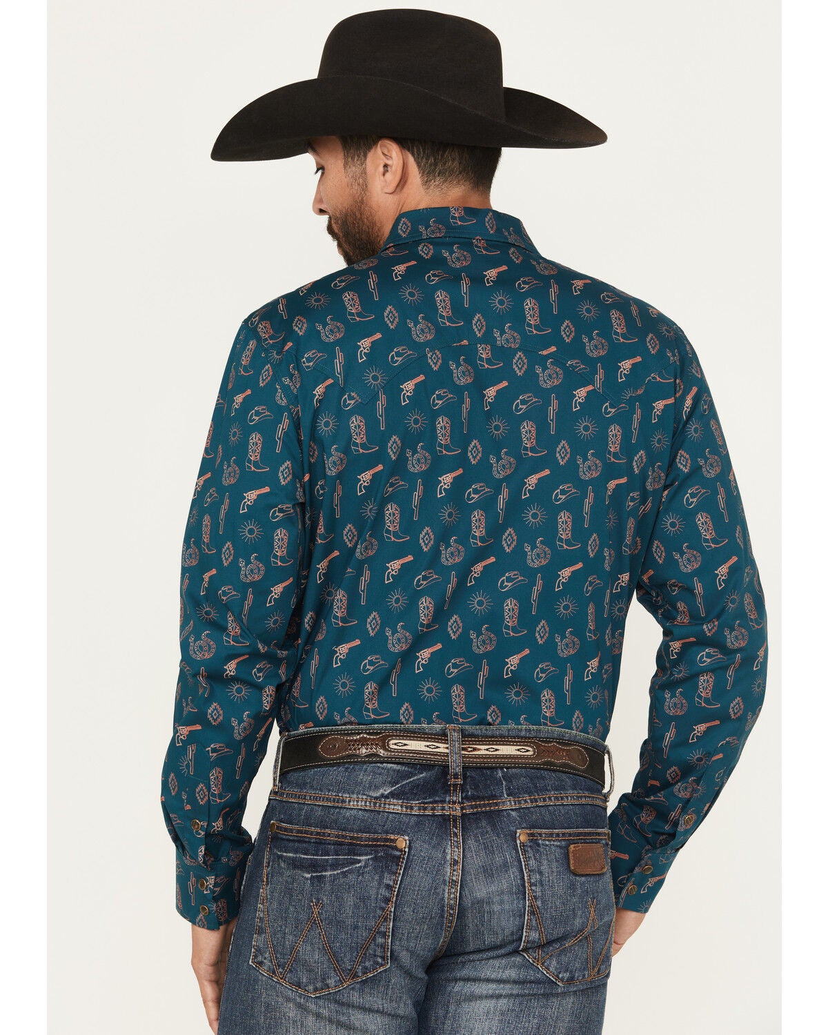 Image #4 - Rock & Roll Denim Men's Cowboy Print Long Sleeve Snap Stretch Western Shirt, Teal, hi-res