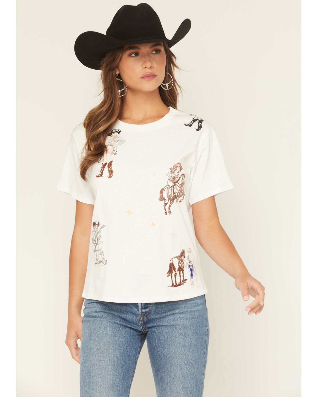 Image #1 - Blue B Women's Embroidered Conversation Short Sleeve Tee, White, hi-res