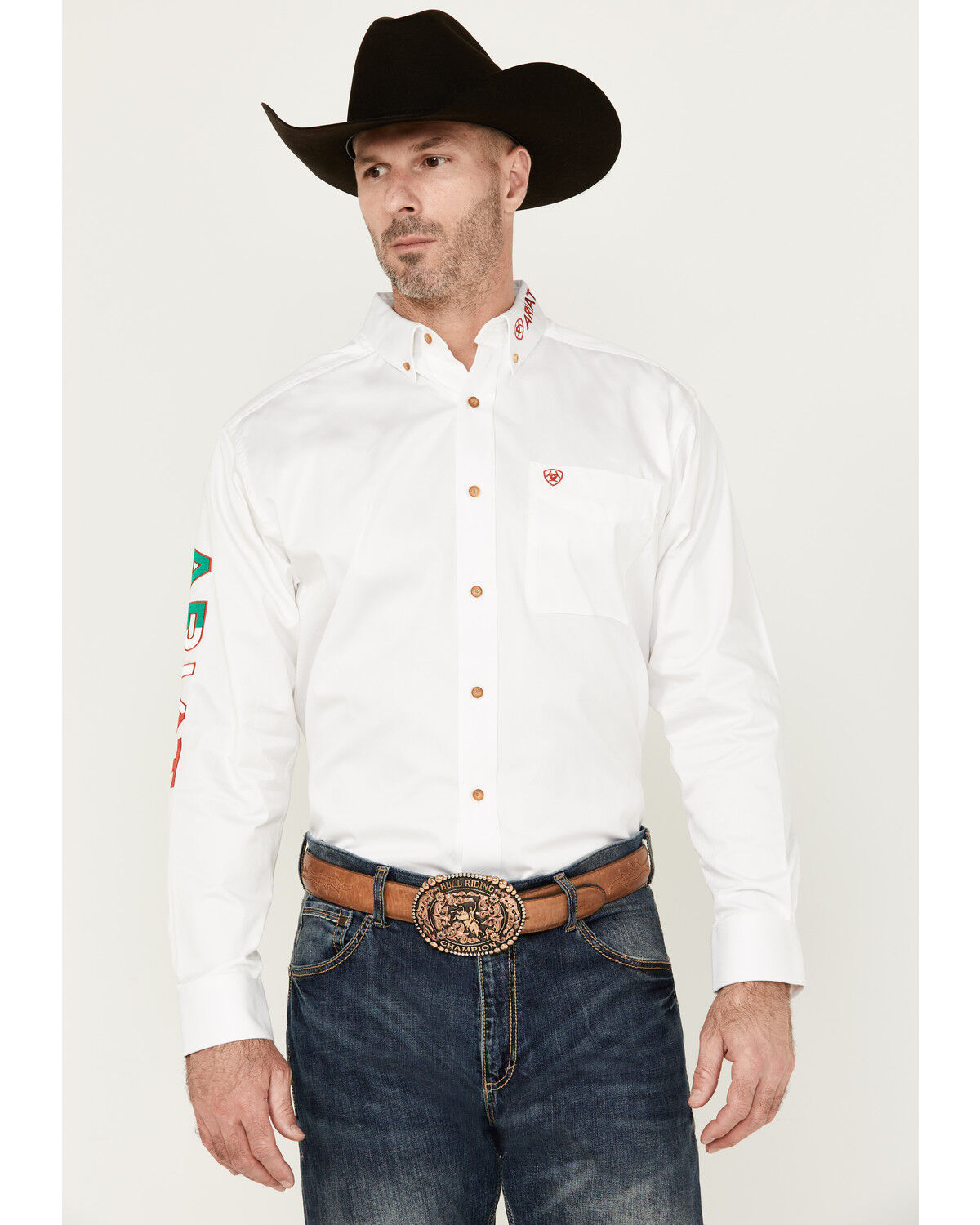 Image #1 - Ariat Men's Team Mexico Logo Twill Classic Fit Long Sleeve Button-Down Western Shirt - Tall, White, hi-res