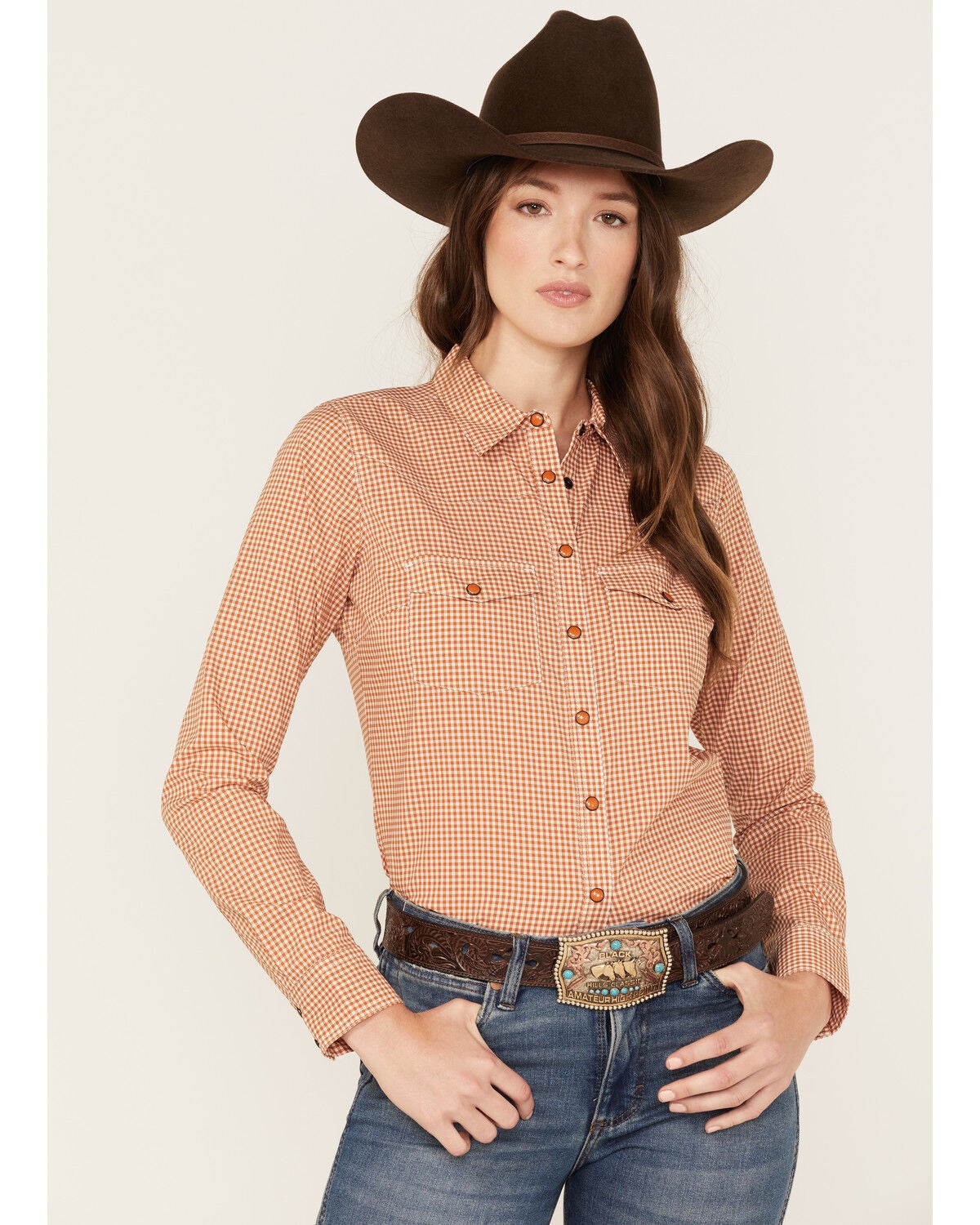 RANK 45&reg; Women's Print Long Sleeve Vented Western Performance Shirt, Pecan, hi-res