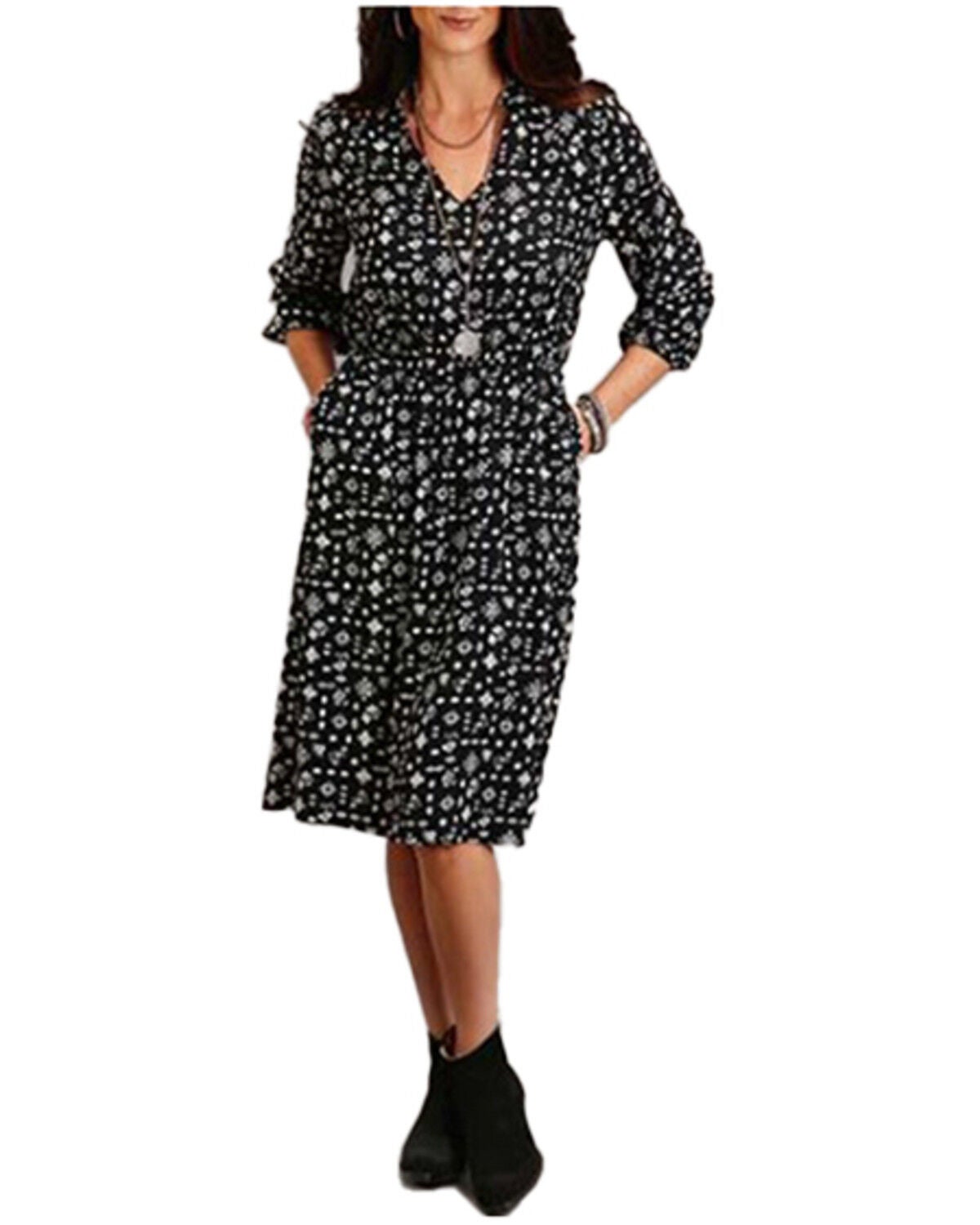 Roper Women's Southwestern Print Long Sleeve Midi Dress, Black, hi-res