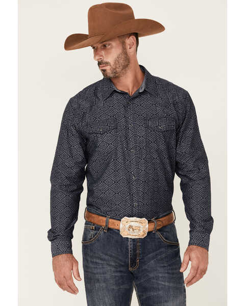 Image #1 - Cody James Men's Washed Out Chambray Southwestern Print Long Sleeve Snap Western Shirt , Navy, hi-res