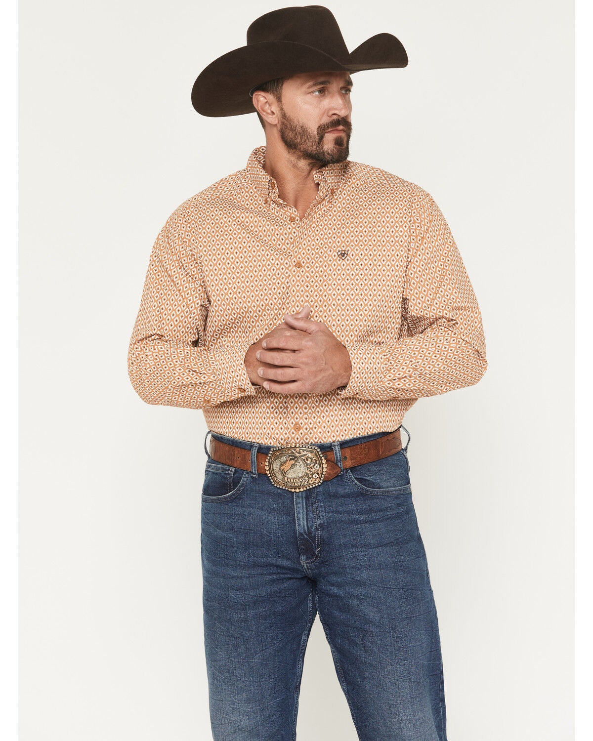 Ariat Men's Burnis Geo Print Long Sleeve Button-Down Western Shirt, Tan, hi-res
