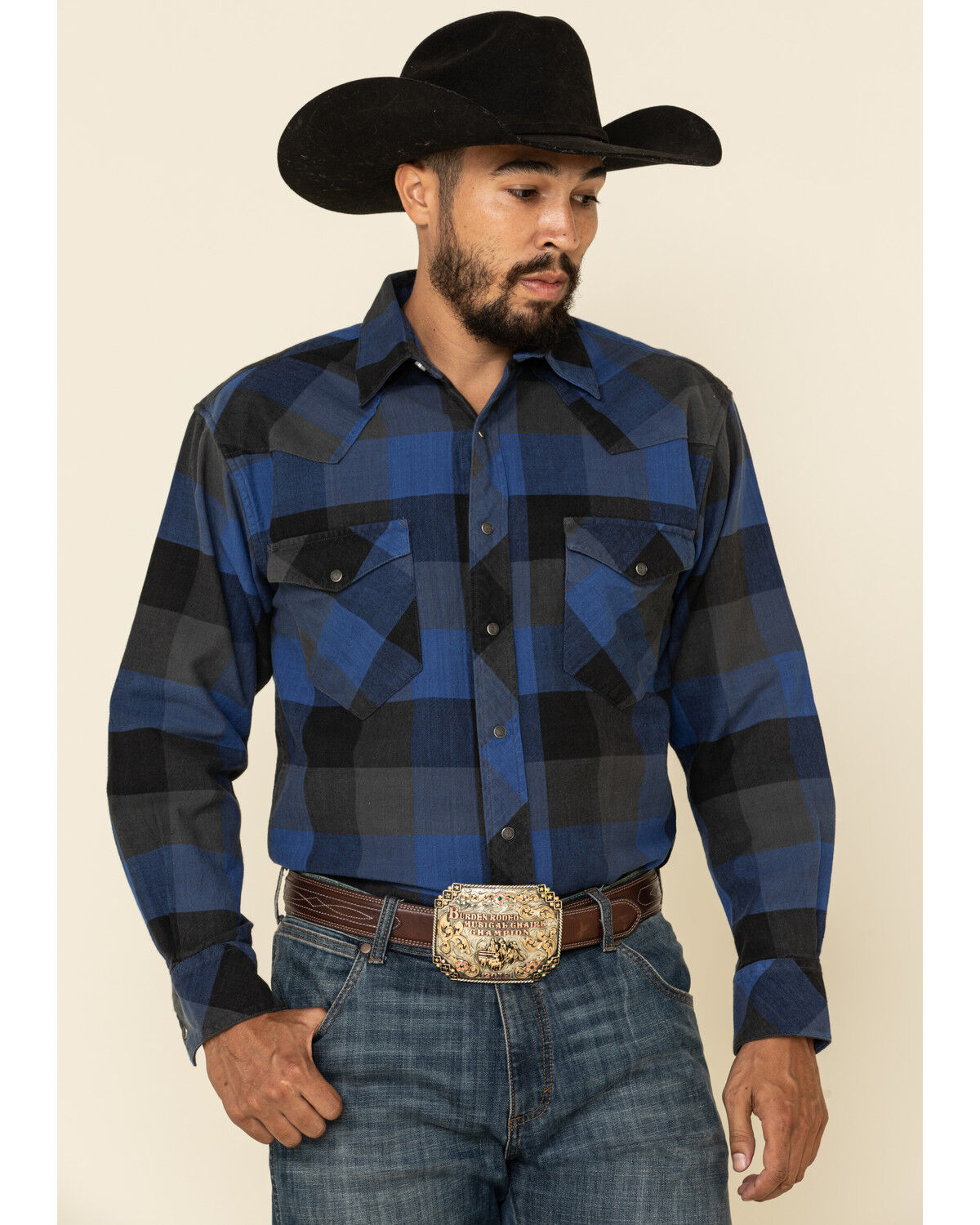 Image #1 - Resistol Men's Montreal Large Plaid Long Sleeve Western Shirt, Blue, hi-res