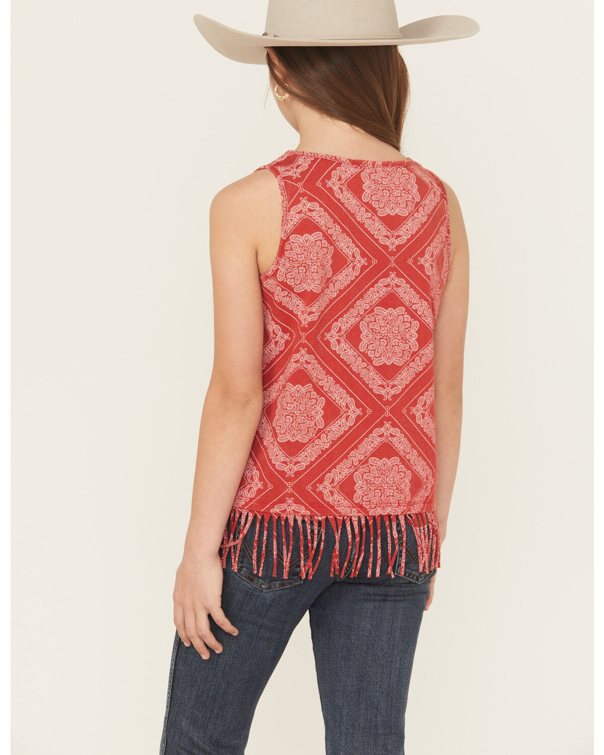 Image #4 - Rock & Roll Denim Girls' Bandana Print Fringe Tank Top, Red, hi-res