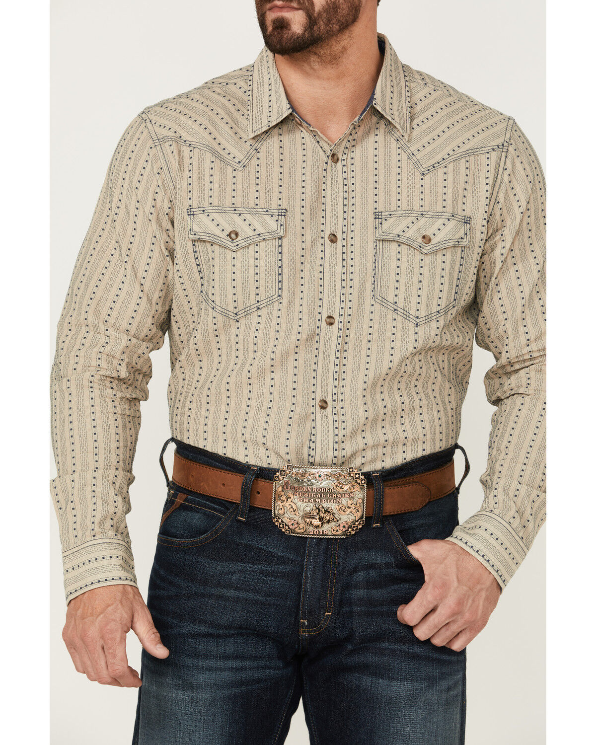 Image #3 - Moonshine Spirit Men's Dobby Stripe Long Sleeve Snap Western Shirt, Tan, hi-res