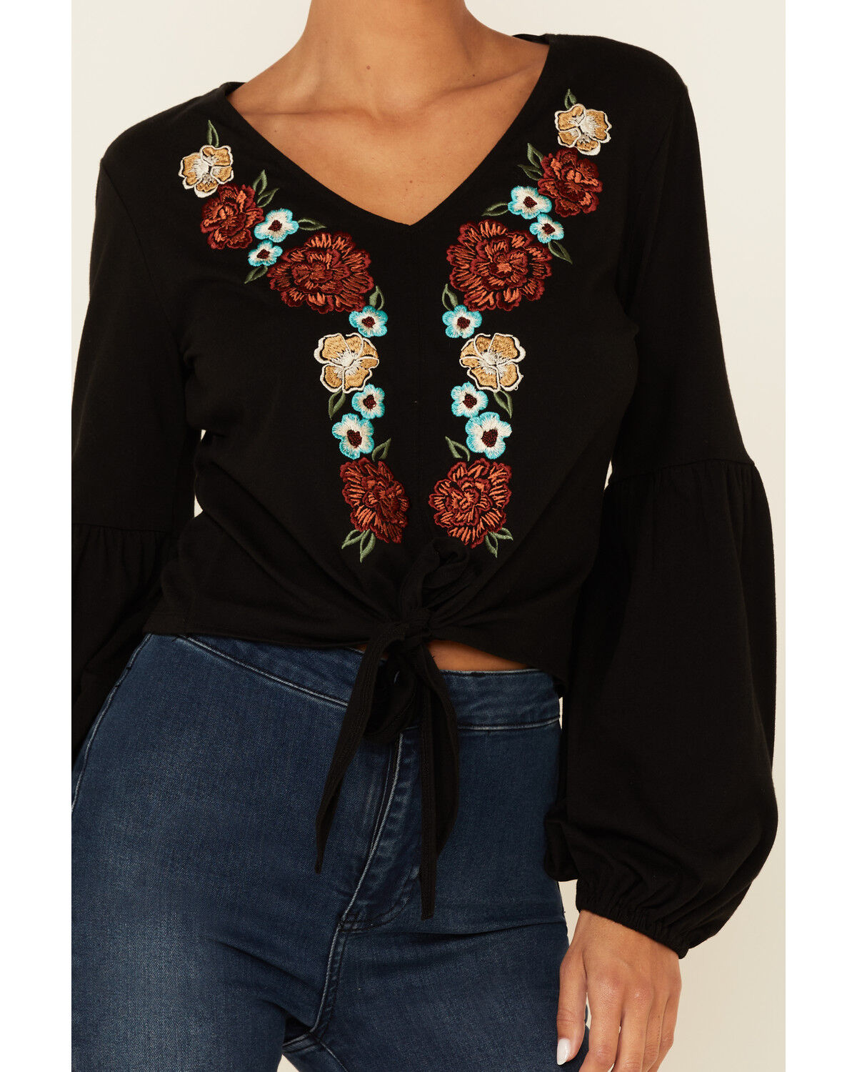 Image #3 - Rock & Roll Denim Women's Black Floral Embroidered Tie Front Long Sleeve Peasant Top , , hi-res