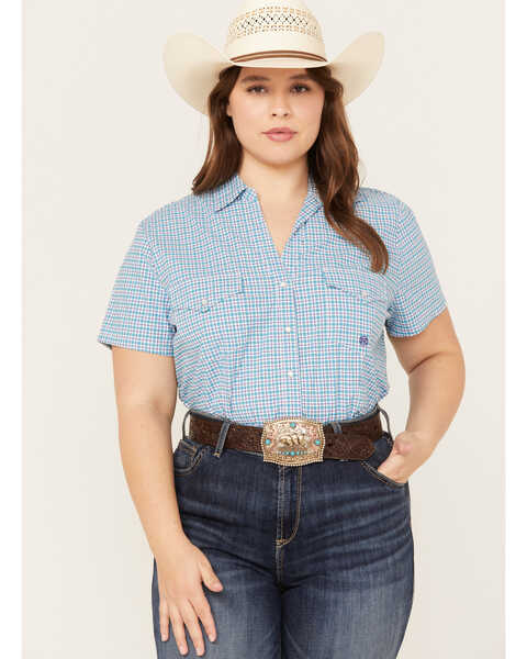 Roper Women's Amarillo Plaid Print Short Sleeve Pearl Snap Stretch Western Shirt - Plus, Blue, hi-res
