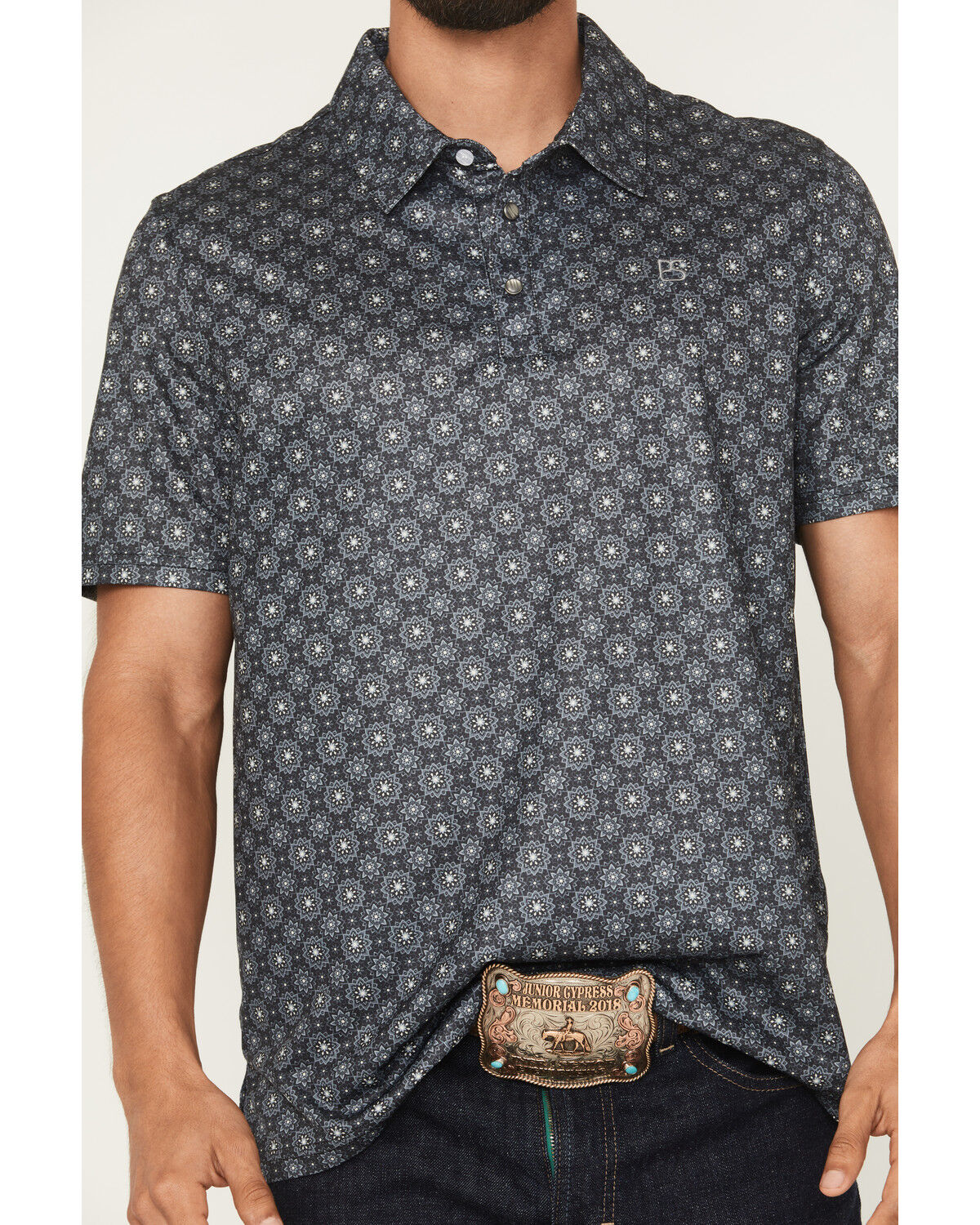 Image #3 - Panhandle Slim Men's Medallion Print Short Sleeve Snap Performance Polo, Black, hi-res