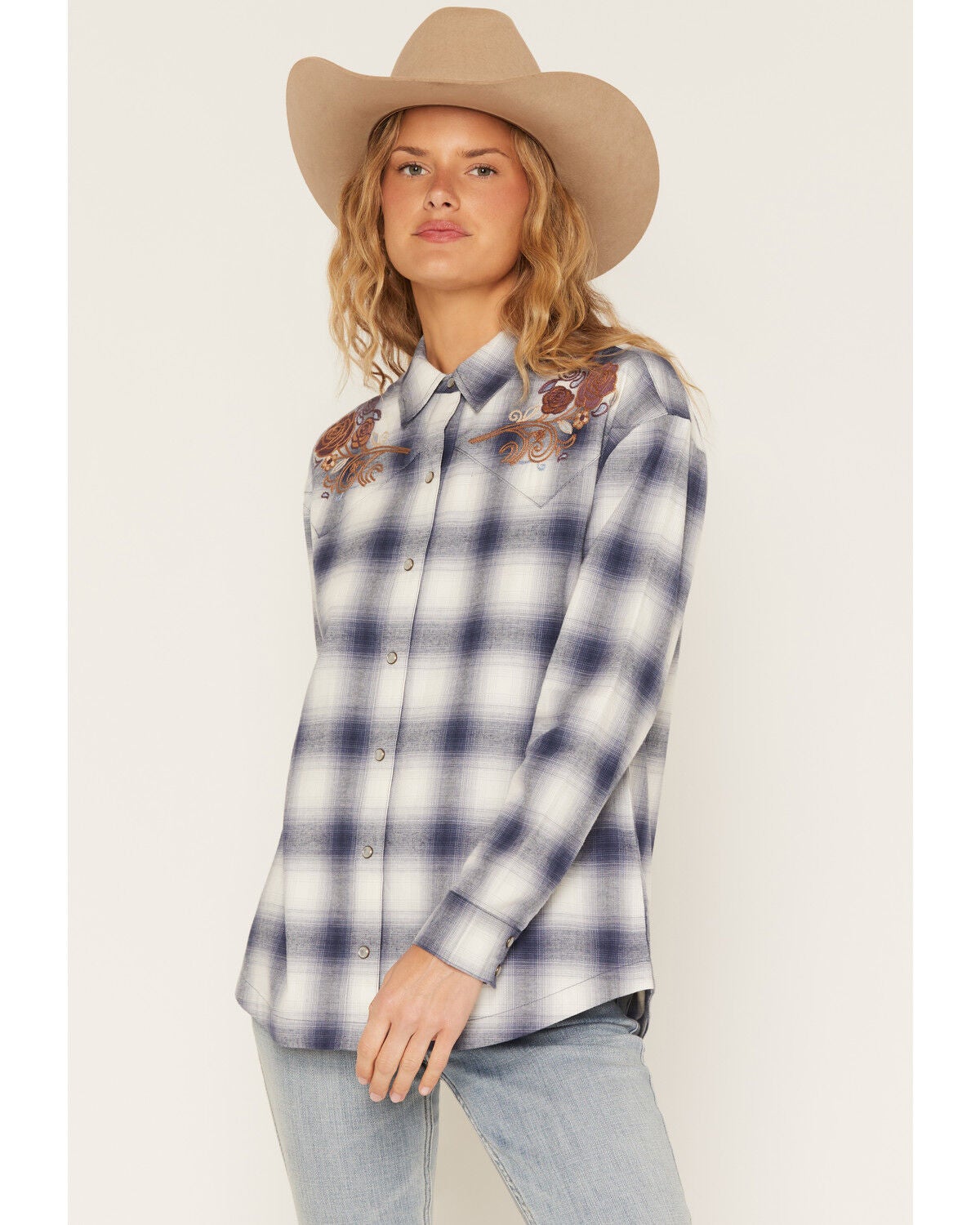 Image #1 - Idyllwind Women's Mara Plaid Print Long Sleeve Pearl Snap Oversized Shirt, Dark Blue, hi-res