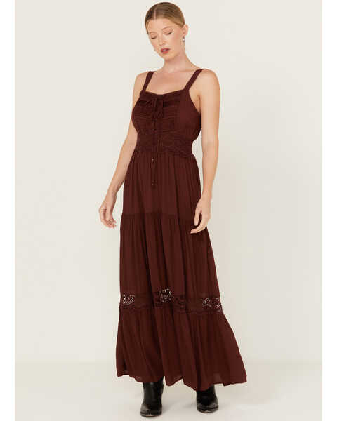 Angie Women's Crochet Lace-Up Maxi Dress, Brown, hi-res