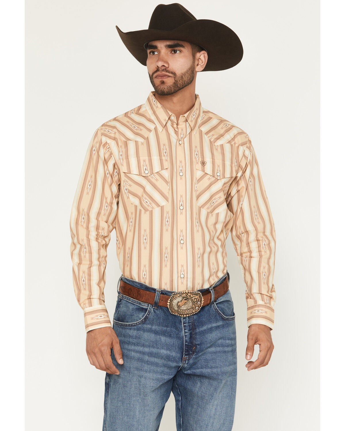 Ariat Men's Tommy Southwestern Print Long Sleeve Snap Western Shirt, Tan, hi-res
