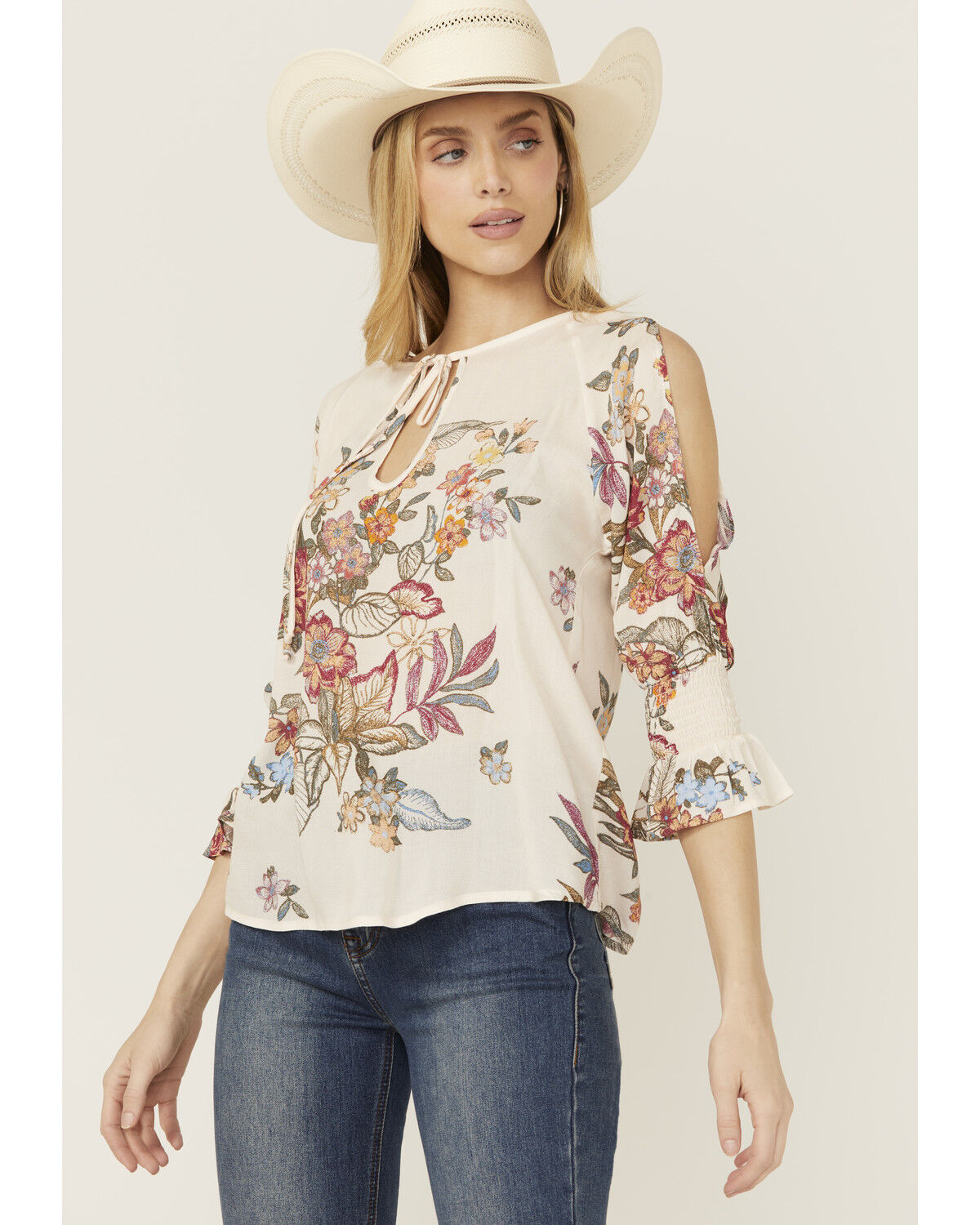 Image #1 - Wild Moss Women's Floral Print Cold Shoulder Top, Cream, hi-res