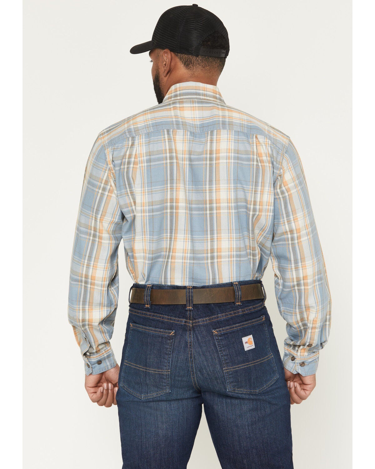 Image #4 - Carhartt Men's FR Plaid Print Long Sleeve Button-Down Work Shirt, Steel Blue, hi-res