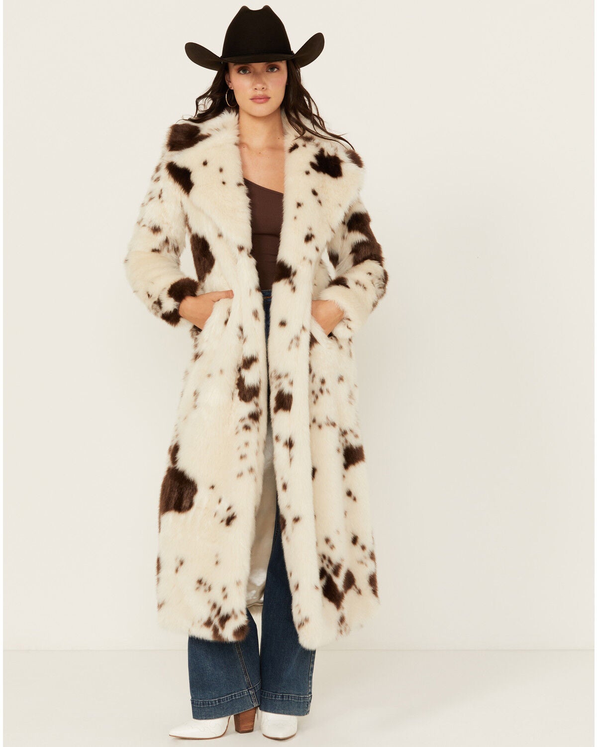 Powder River Outfitters Women's Cow Print Duster Faux Fur Coat, Cream, hi-res