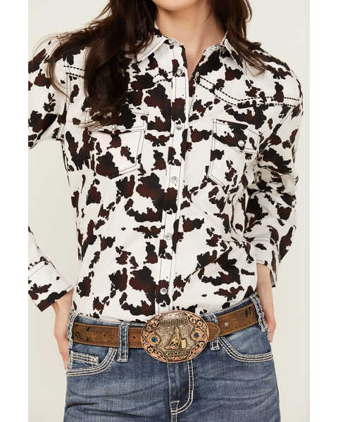 Image #3 - Cowgirl Hardware Women's Cow Print Snap Long Sleeve Western Shirt , Brown, hi-res