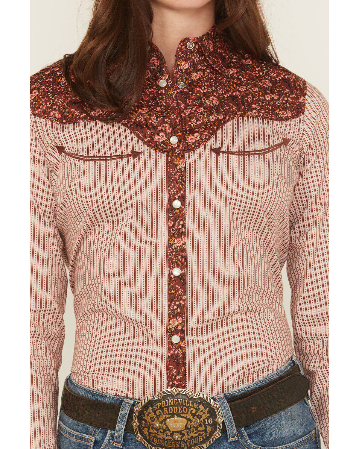Image #3 - Shyanne Women's Striped And Floral Print Long Sleeve Snap Stretch Western Shirt, Light Pink, hi-res