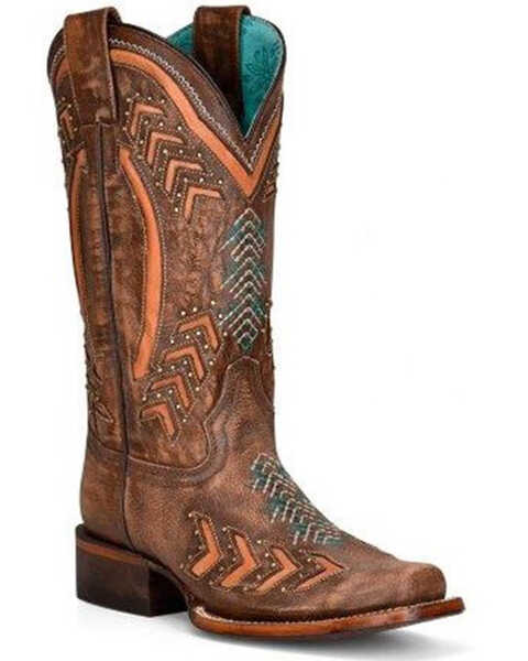 Corral Women's Laser Cut Arrows Western Boots - Square Toe, Brown, hi-res