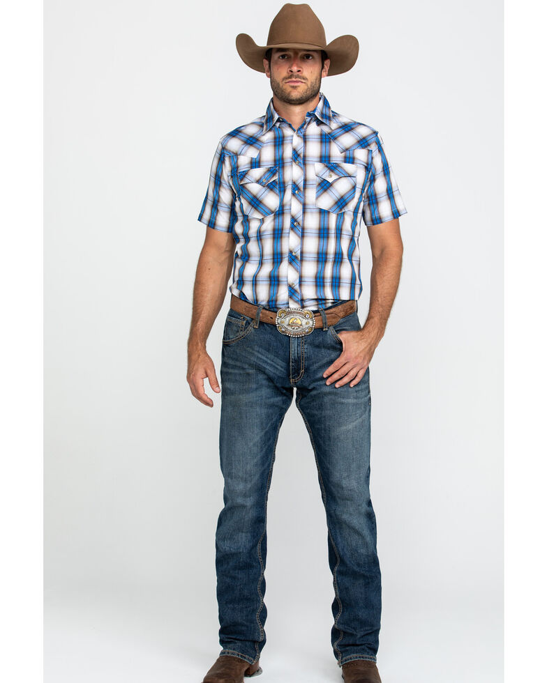 Wrangler Men S Blue Plaid Fashion Snap Short Sleeve Western Shirt