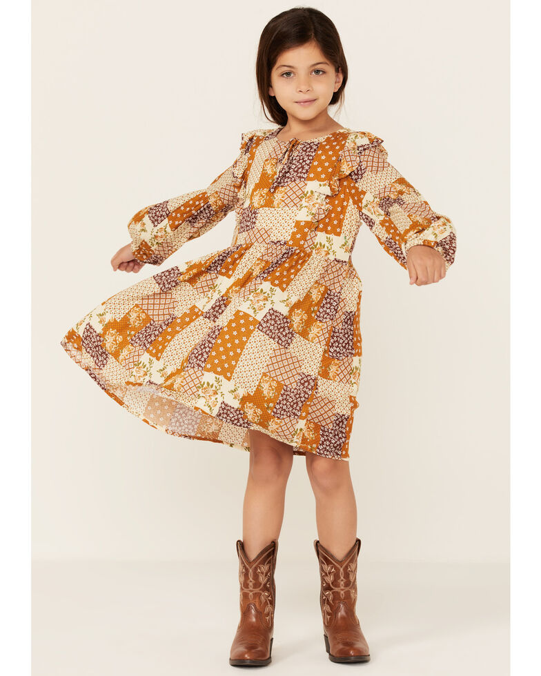 Hayden Girls' Patchwork Long Sleeve Dress, Multi, hi-res