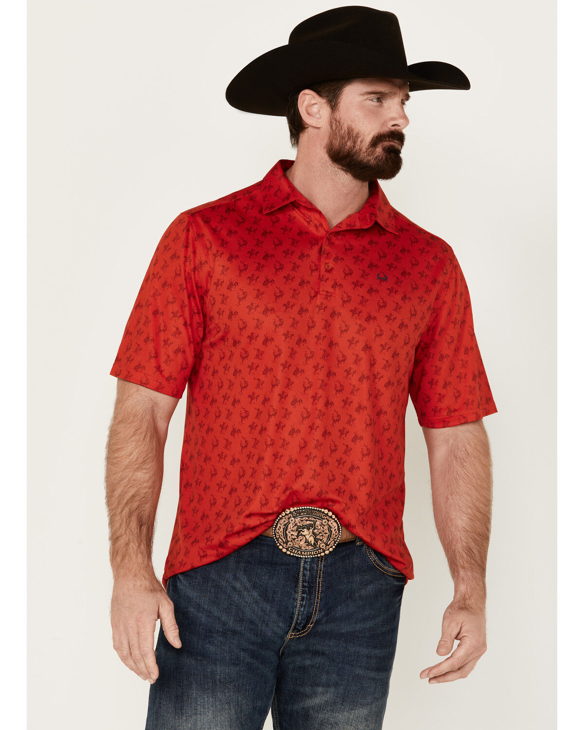 Image #1 - Cinch Men's ARENAFLEX® Cowboy Print Short Sleeve Performance Polo, Red, hi-res