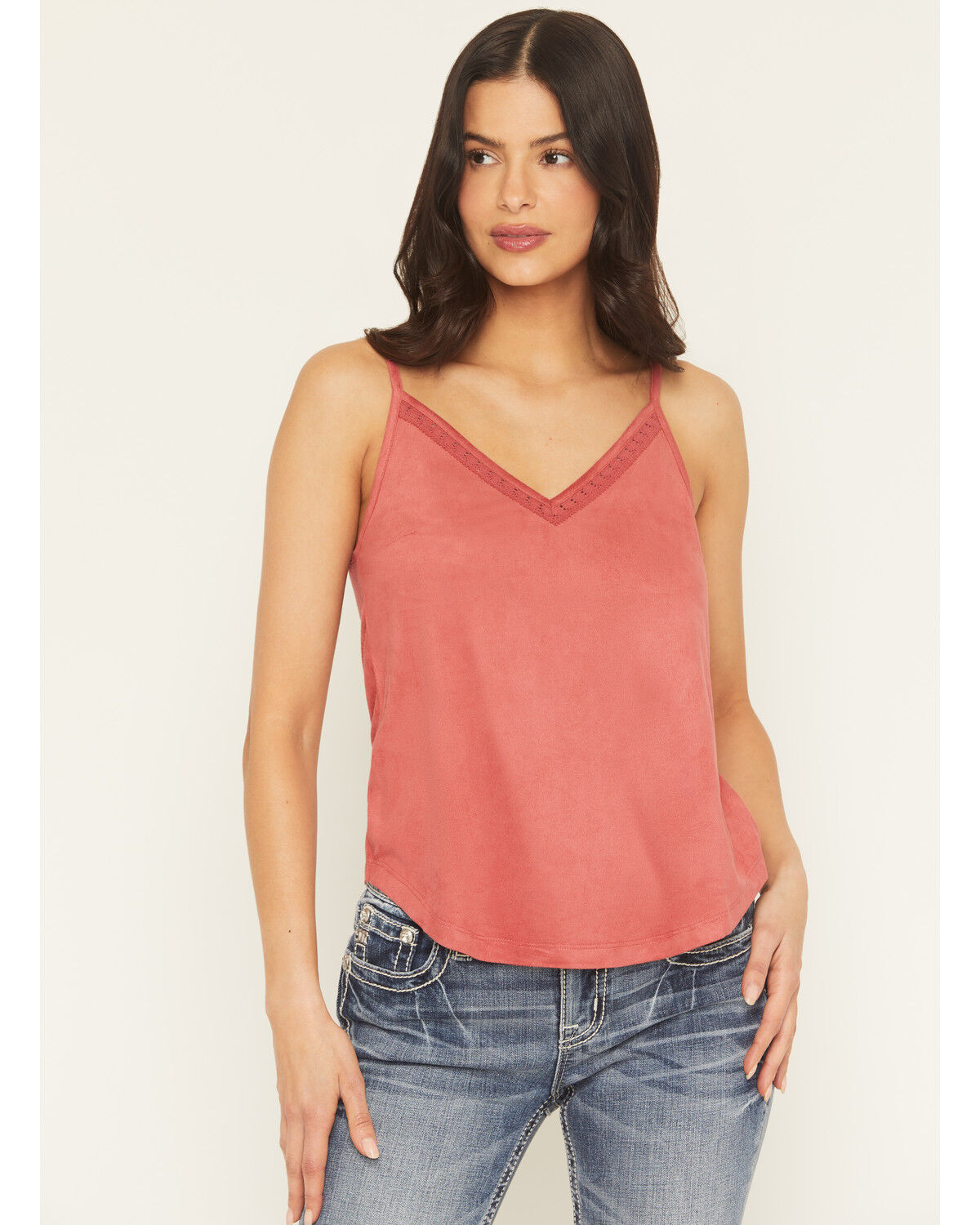 Image #1 - Shyanne Women's Solid Faux Suede Sleeveless Crochet Tank Top, Mauve, hi-res