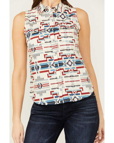 Image #3 - Shyanne Women's Gillette Southwestern Print Sleeveless Snap Stretch Riding Shirt, Cream, hi-res
