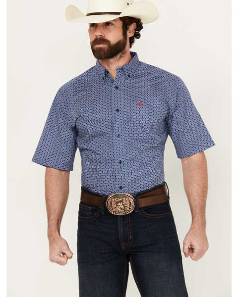 Ariat Men's Davey Geo Print Classic Fit Short Sleeve Button-Down Western Shirt , Dark Blue, hi-res
