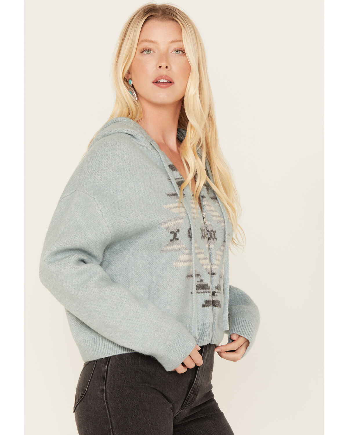 Image #2 - Ariat Women's Agave Garden Intarsia Southwestern Knit Zip Hooded Pullover, Teal, hi-res
