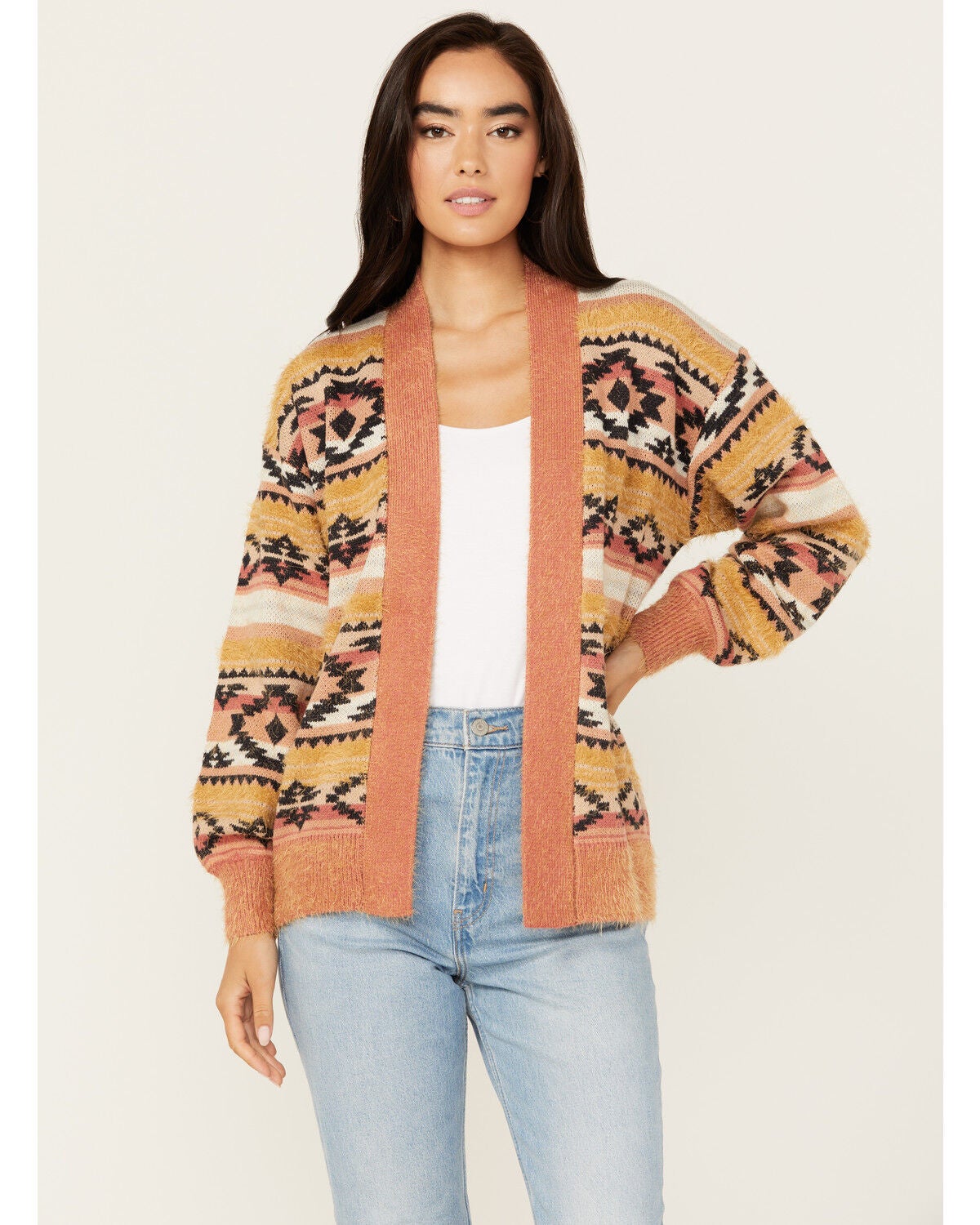 Cruel Girl Women's Southwestern Striped Eyelash Cardigan, Yellow, hi-res