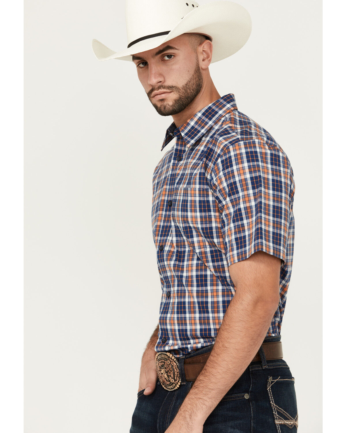 Image #2 - Cody James Men's Tequila Sunrise Plaid Print Short Sleeve Button-Down Stretch Western Shirt, Navy, hi-res