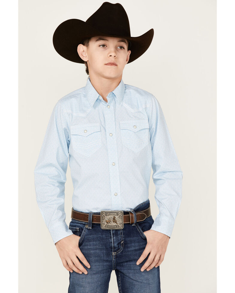 Cody James Boys' Print Long Sleeve Western Snap Shirt, Blue, hi-res