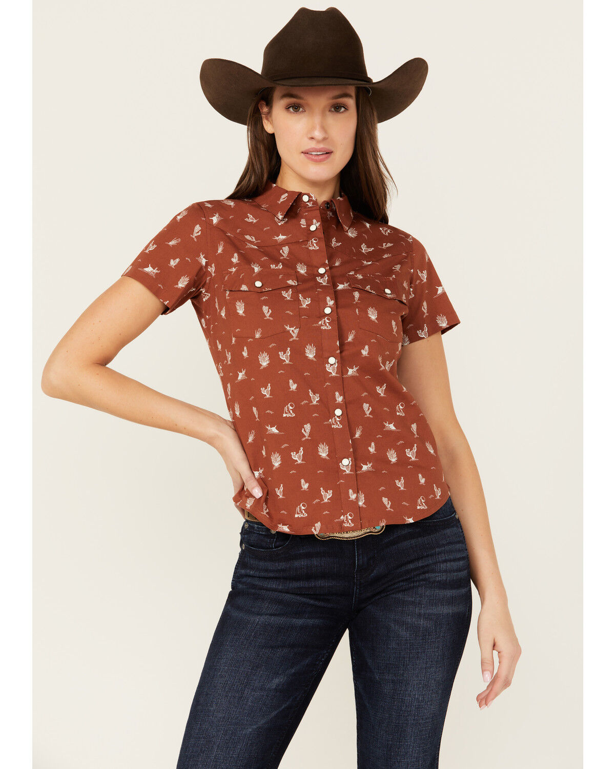 Image #1 - Shyanne Women's Desert Conversational Short Sleeve Stretch Snap Western Shirt, Lt Brown, hi-res