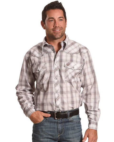 Image #1 - Cowboy Hardware Men's Plaid Print Long Sleeve Western Shirt , White, hi-res