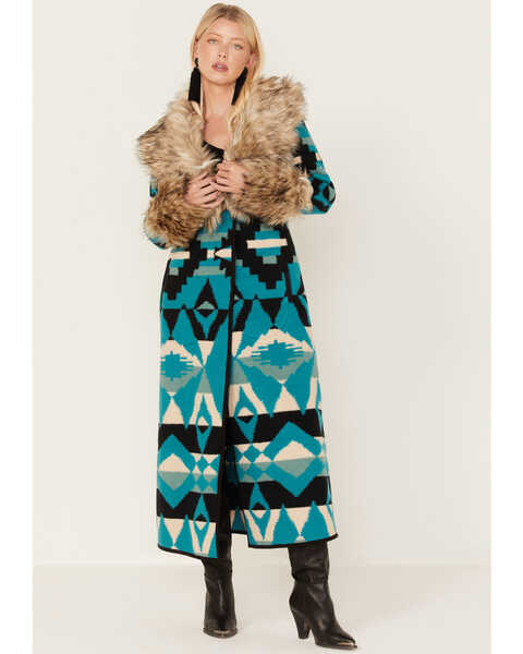 Tasha Polizzi Women's Southwestern Print Faux Fur Taconic Blanket Coat, Turquoise, hi-res