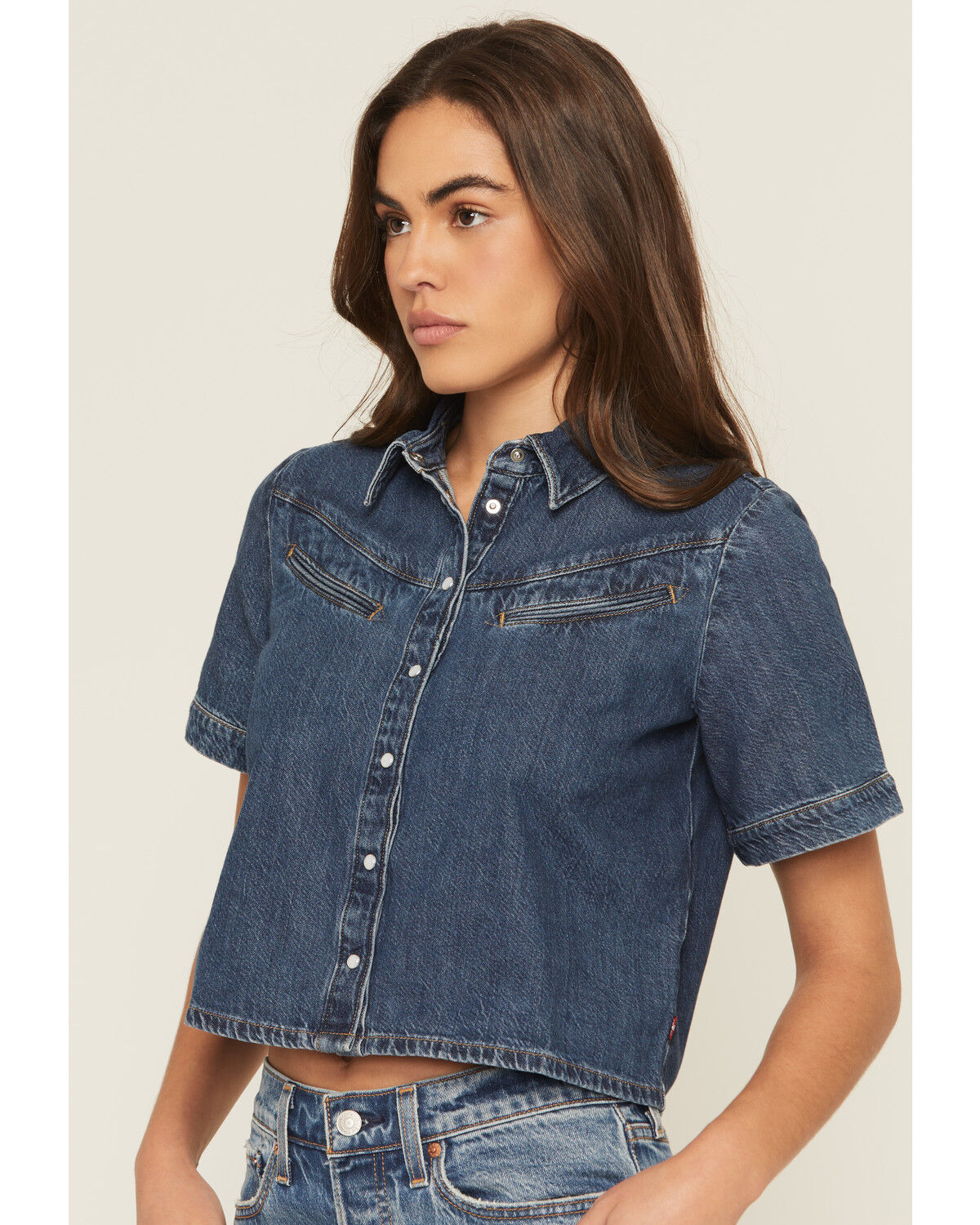 Image #2 - Levi's Women's Dark Wash Rinoa Camp Short Sleeve Snap Denim Shirt, Dark Wash, hi-res