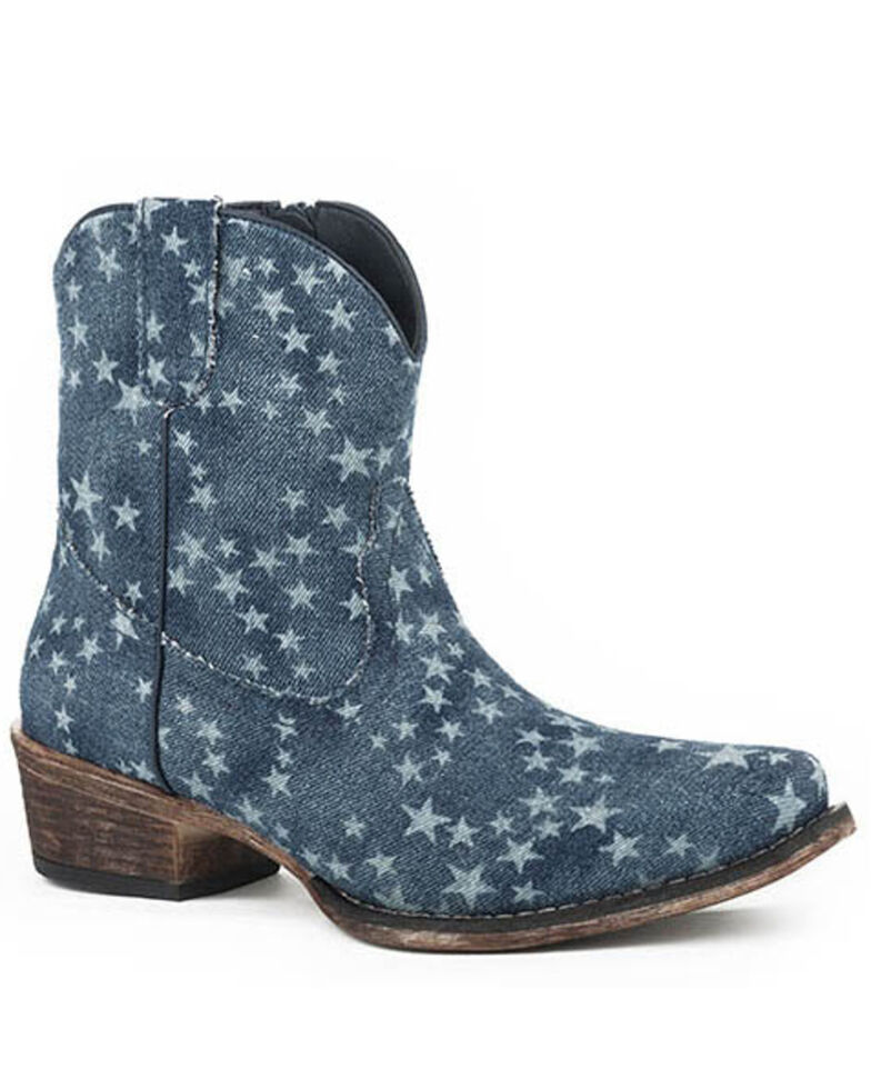 Roper Women's All Over Stone Wash Denim Western Booties - Snip Toe, Blue, hi-res