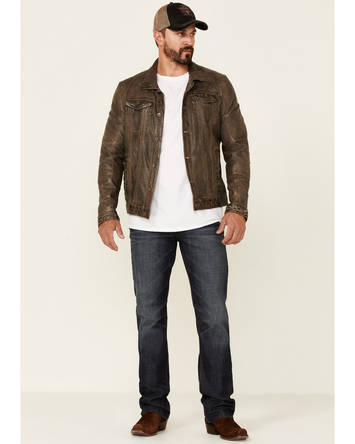 Image #2 - Mauritius Leather Men's Geoff Zip-Front Distressed Trucker Leather Jacket, Brown, hi-res