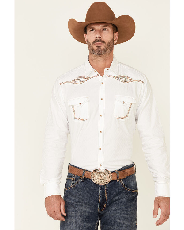 Rock 47 By Wrangler Men's White Embroidered Solid Long Sleeve Snap Western Shirt , White, hi-res