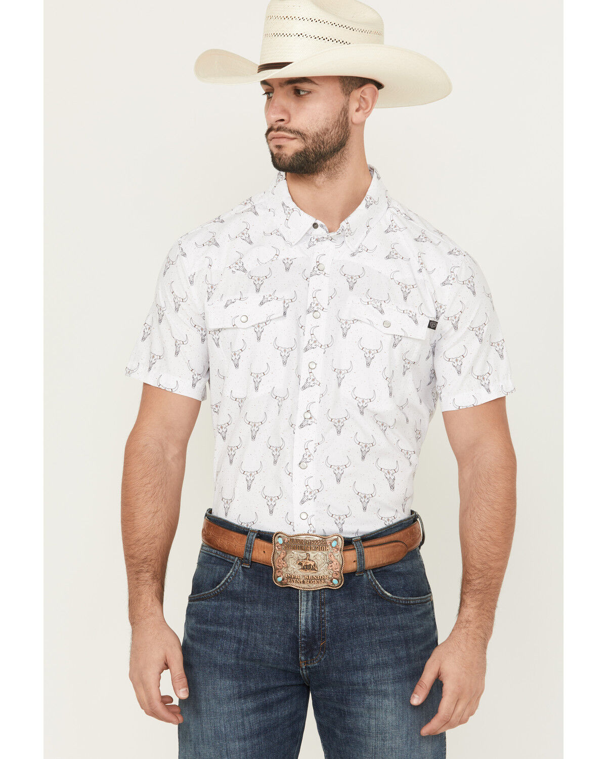 Image #1 - Rock & Roll Denim Men's TEK Longhorn Print Short Sleeve Pearl Snap Western Shirt, White, hi-res