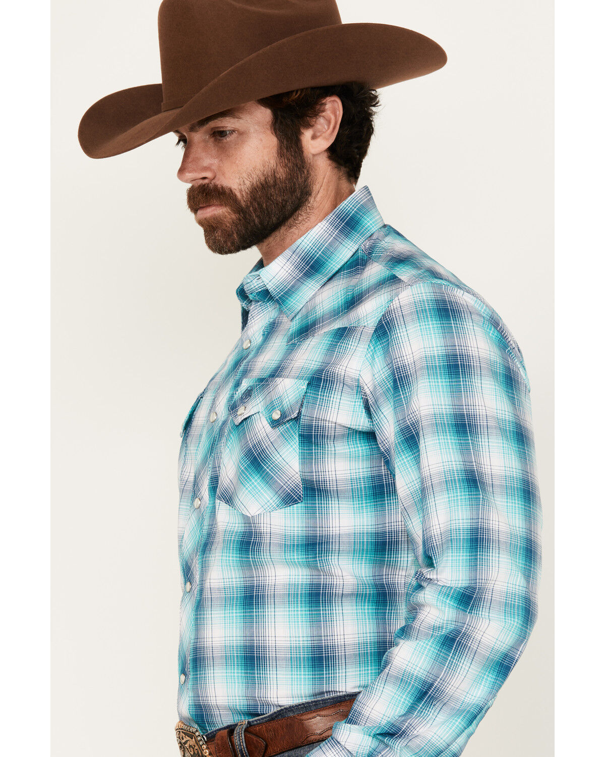 Image #2 - Wrangler Retro Men's Plaid Print Long Sleeve Snap Western Shirt, Turquoise, hi-res