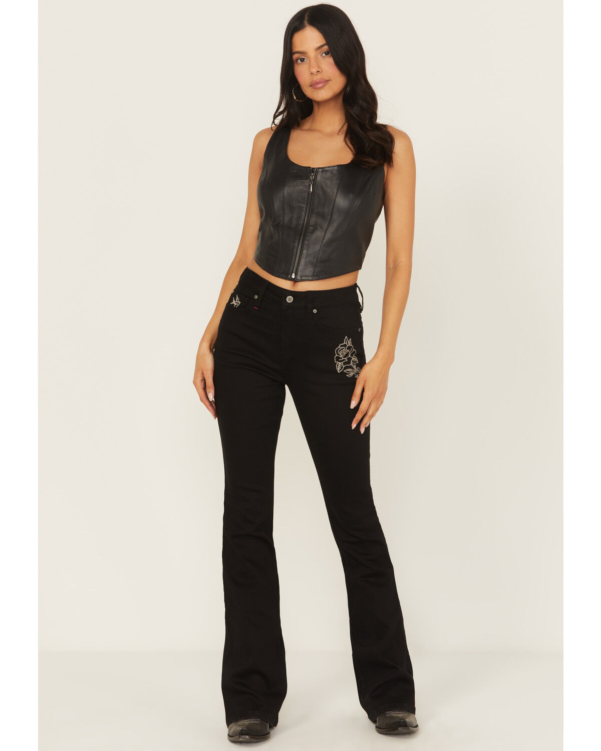 Image #1 - Idyllwind Women's Outlaw High Rise Flare Embroidered Super Stretch Denim Jeans, Black, hi-res