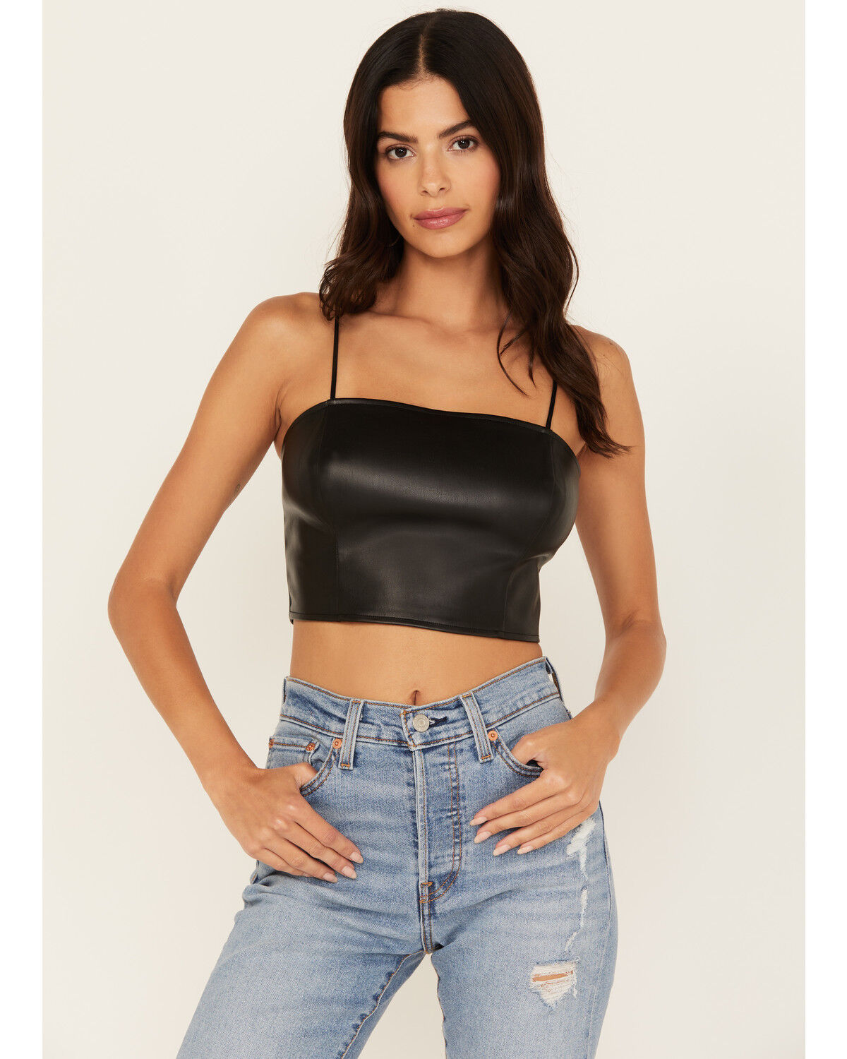 Image #1 - Beyond The Radar Women's Faux Leather Cropped Tank, Black, hi-res