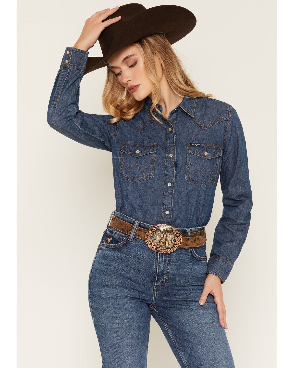 Image #1 - Wrangler Women's Dark Wash Long Sleeve Pearl Snap Denim Western Shirt, Blue, hi-res