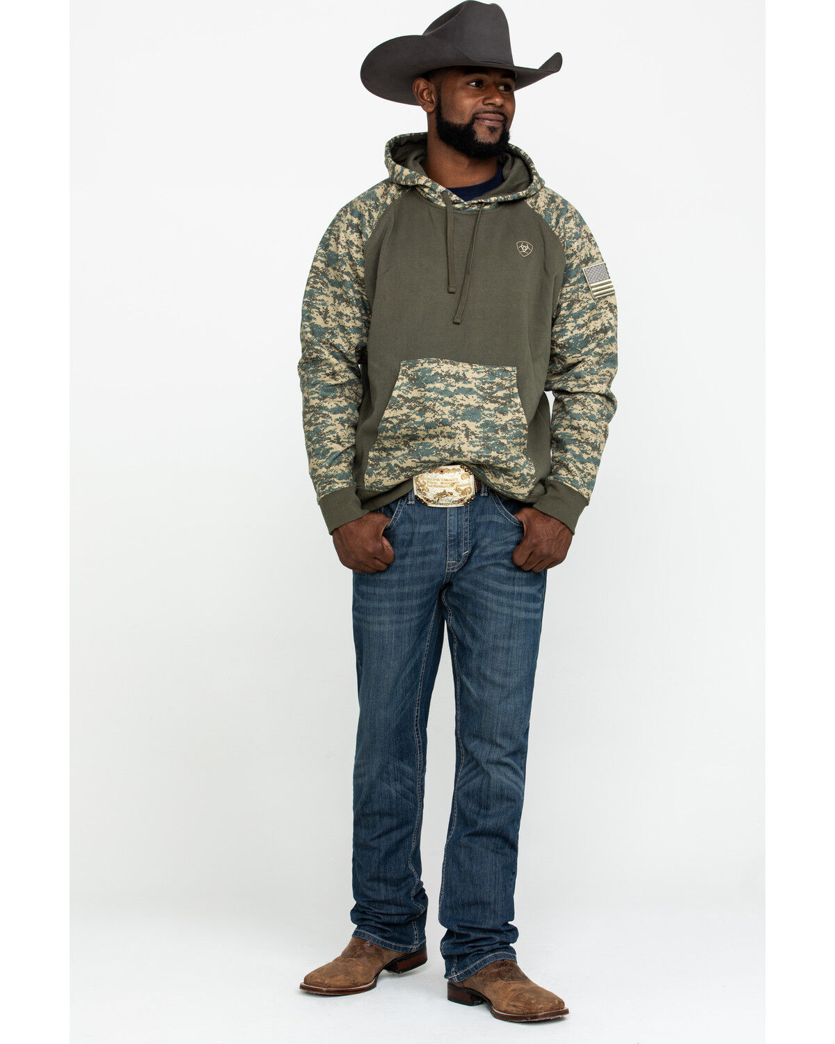Image #6 - Ariat Men's Camo Patriot Hooded Sweatshirt, Green, hi-res