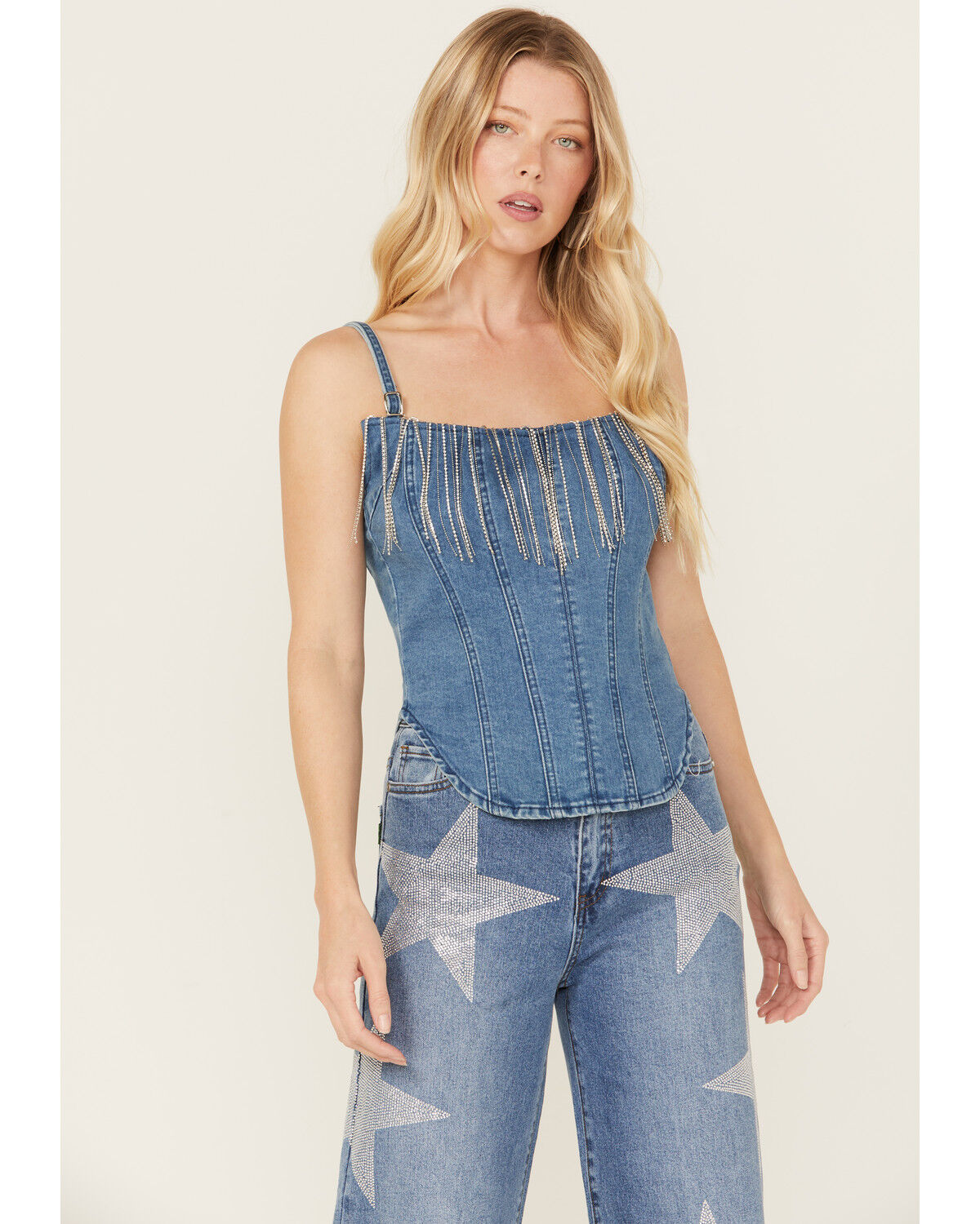 Image #1 - Rock & Roll Denim Women's Medium Wash Metal Fringe Denim Corset, , hi-res