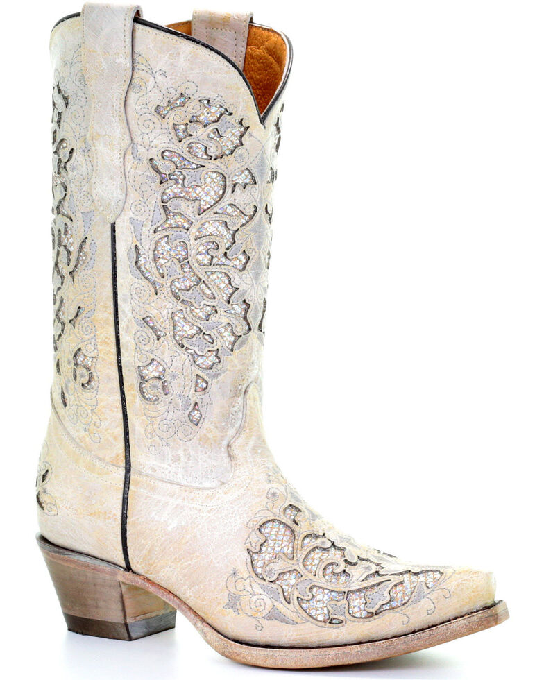 Corral Girls' White Glitter Inlay Boots - Snip Toe, White, hi-res