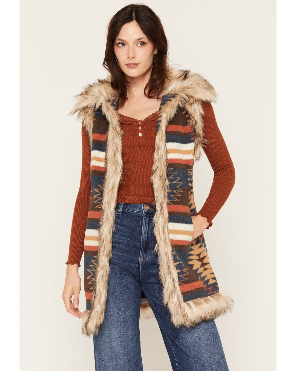 Tasha Polizzi Women's Kensie Southwestern Print Faux Fur Trim Vest, Multi, hi-res
