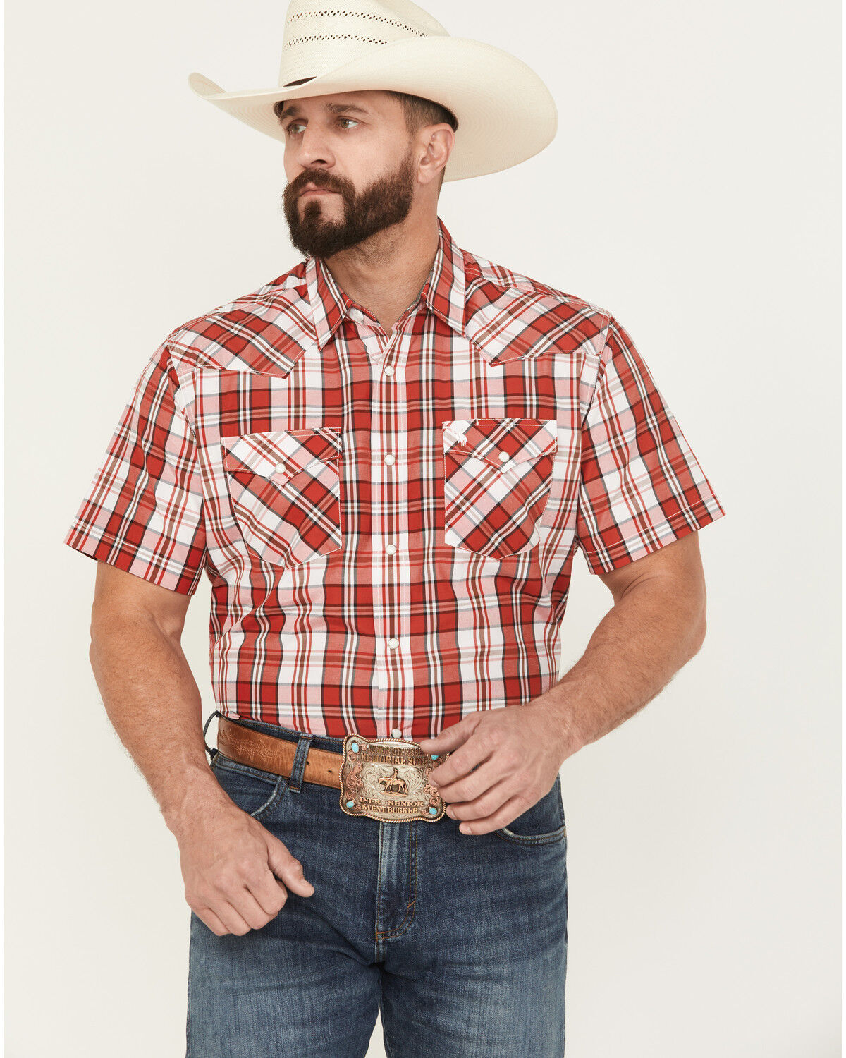 Image #1 - Rodeo Clothing Men's Plaid Print Short Sleeve Snap Stretch Western Shirt, Red, hi-res