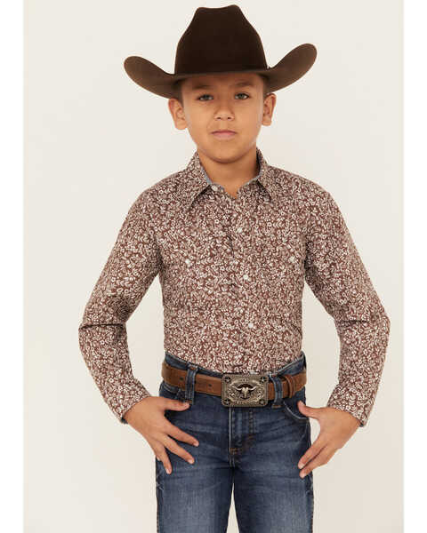 Roper Boys' Floral Print Long Sleeve Western Snap Shirt, Brown, hi-res